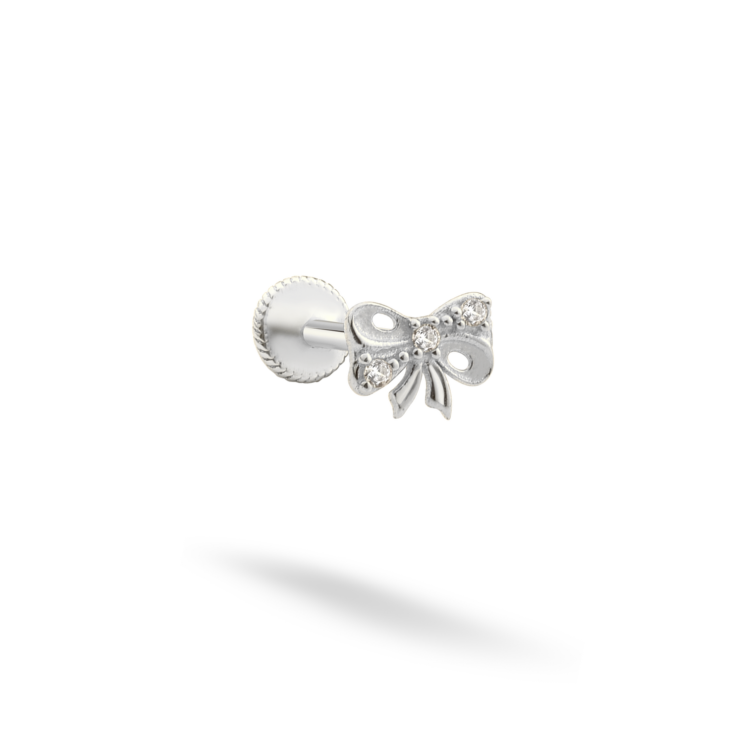 Ribbon Bow Flatback Ear Piercing 14K Gold with CZ Stone