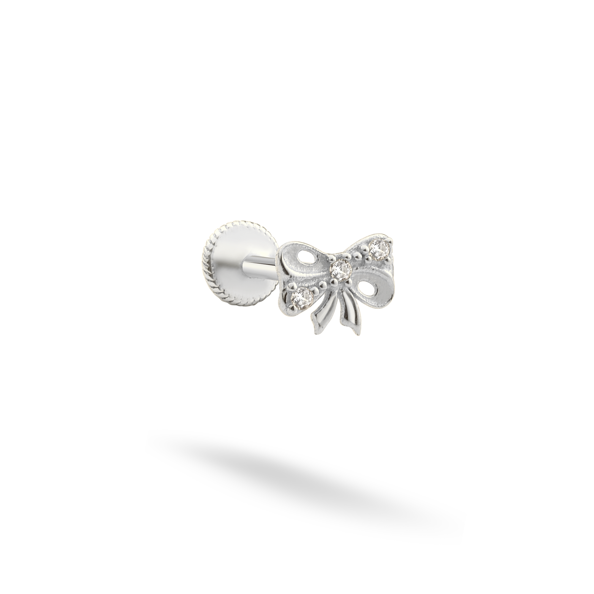Ribbon Bow Flatback Ear Piercing 14K Gold with CZ Stone