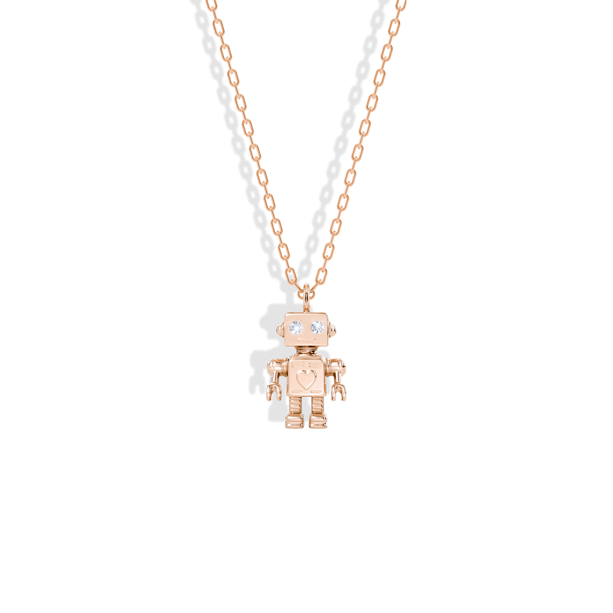 Little robot charm rendered in 14K rose gold, blush metal around the centre stone