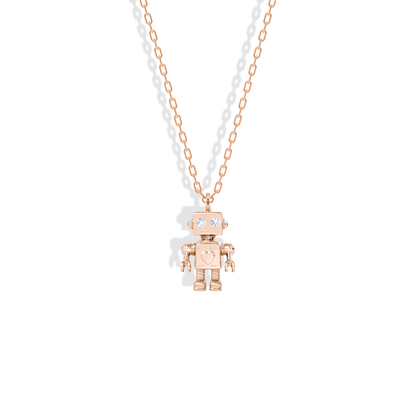Little robot charm rendered in 14K rose gold, blush metal around the centre stone