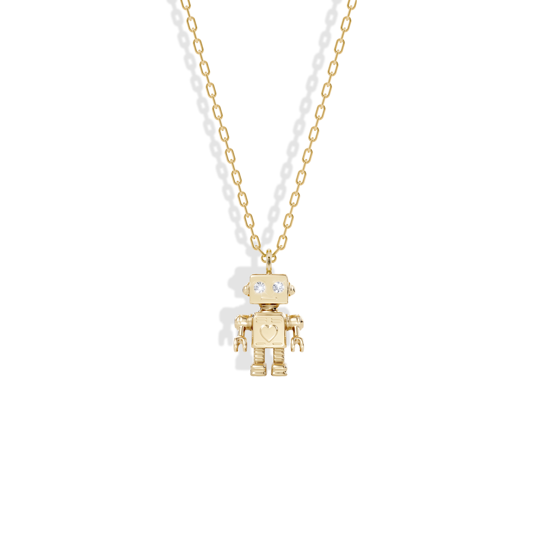 Robot Stone Diamond Pendant Necklace 14K Gold / Silver: a yellow gold robot with jointed arms and legs and a stone in its chest