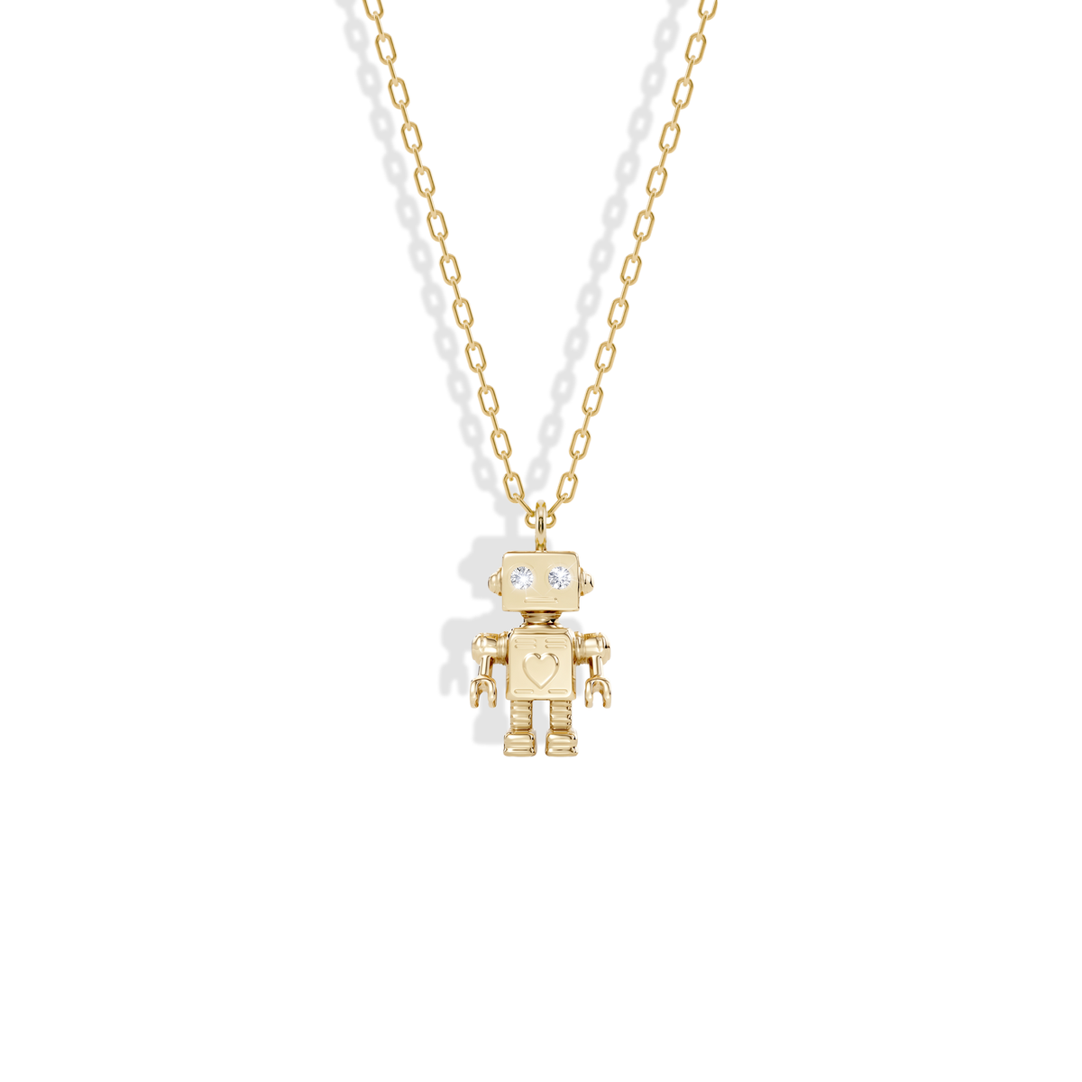 Robot Stone Diamond Pendant Necklace 14K Gold / Silver: a yellow gold robot with jointed arms and legs and a stone in its chest