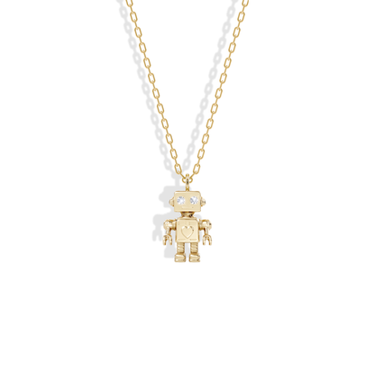 Robot Stone Diamond Pendant Necklace 14K Gold / Silver: a yellow gold robot with jointed arms and legs and a stone in its chest