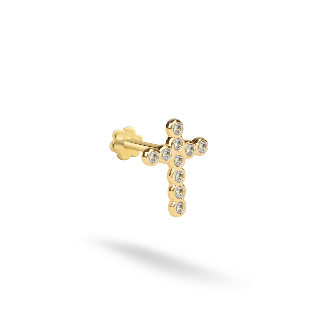 CZ Round Stone Cross Flatback Piercing in 14K Gold