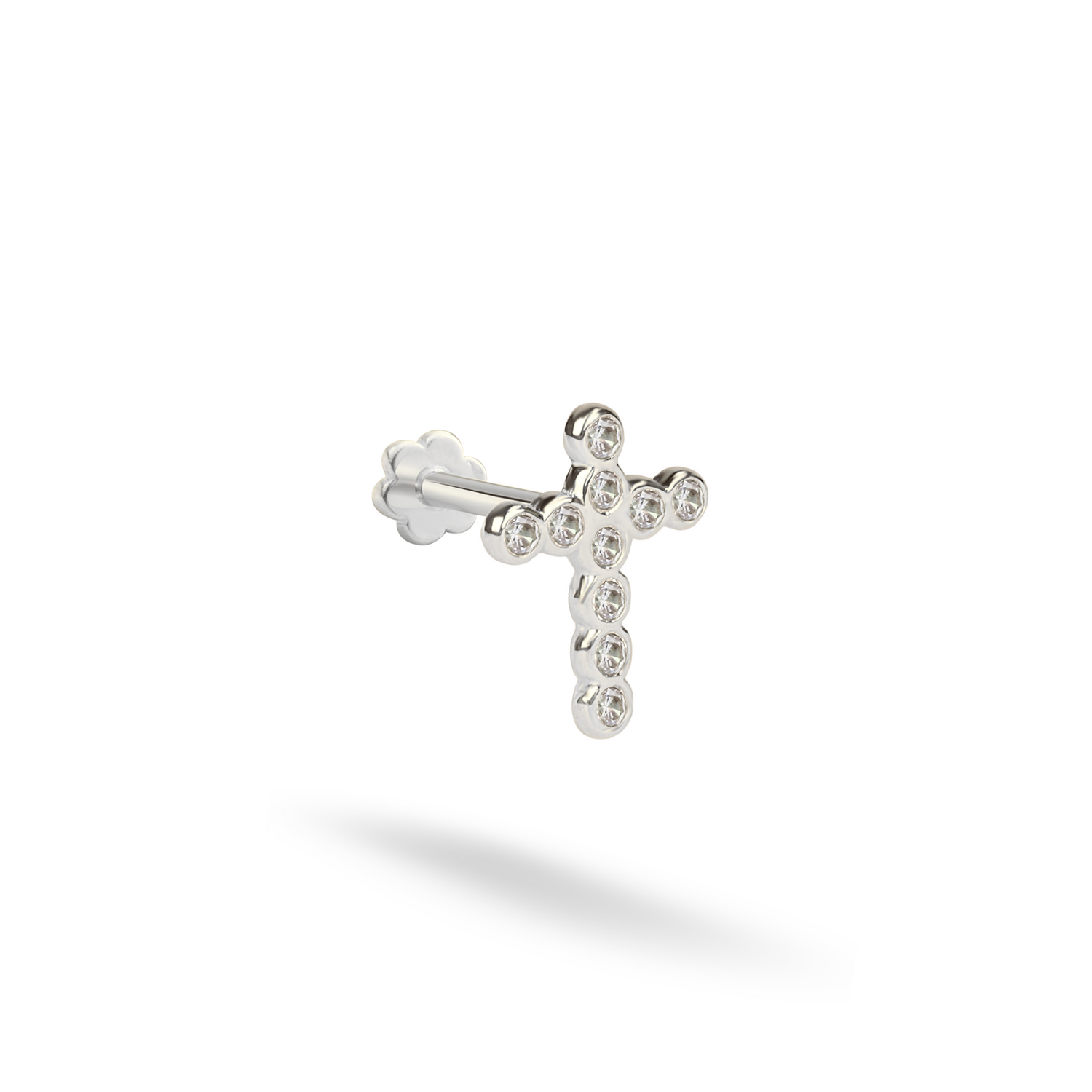 Round Stone Cross Flatback Ear Piercing 14K Gold with CZ Stone