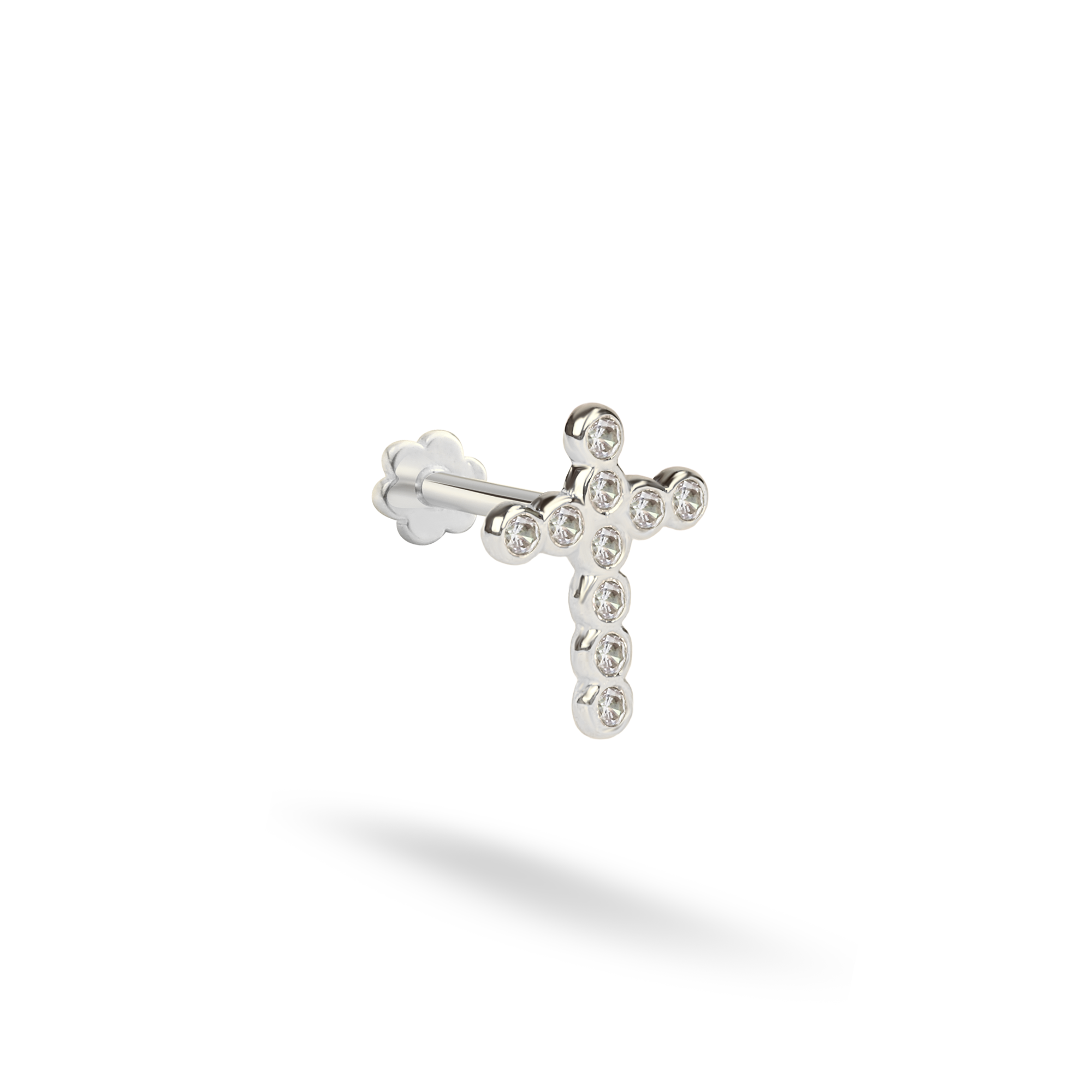 Round Stone Cross Flatback Ear Piercing 14K Gold with CZ Stone