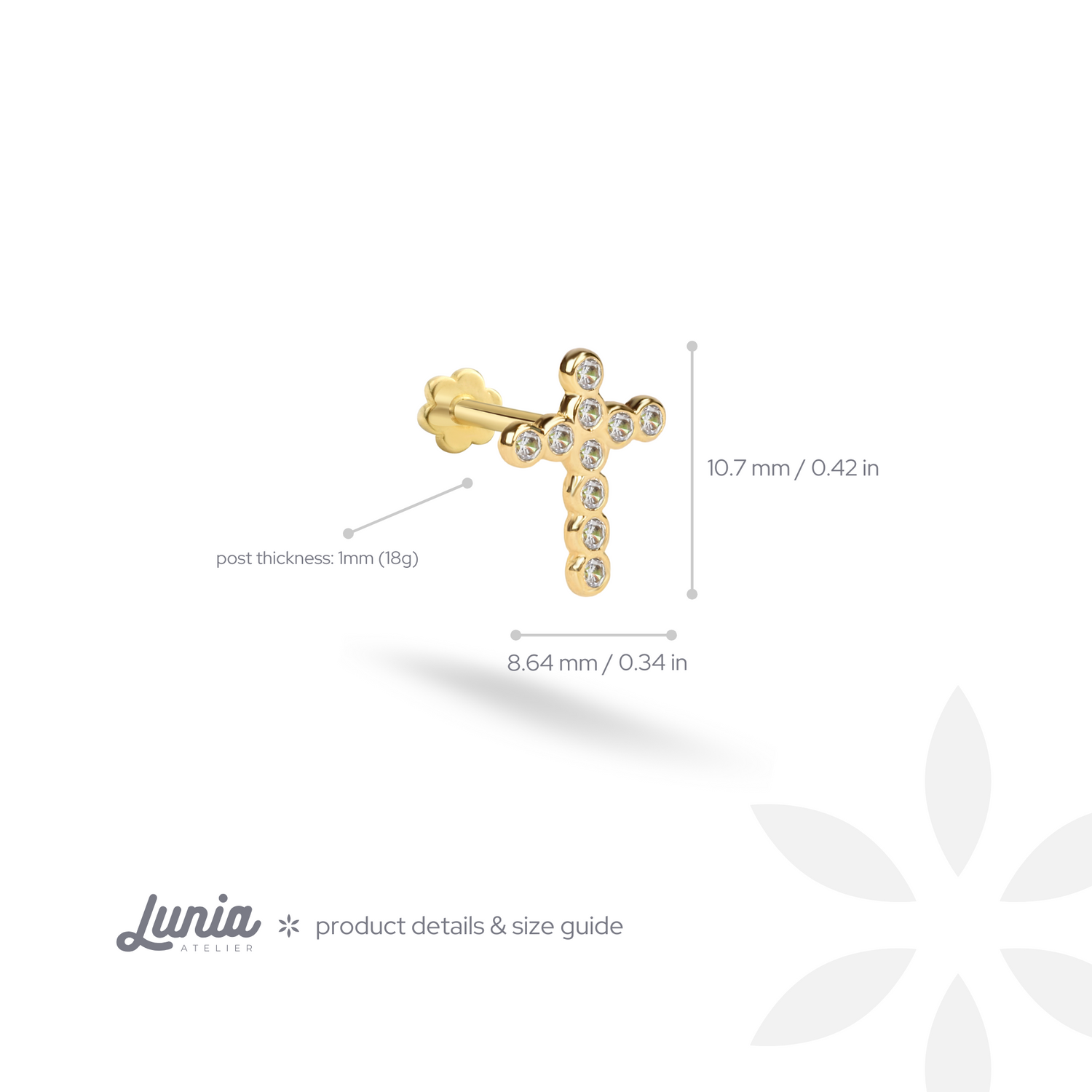 Round Stone Cross Flatback Ear Piercing 14K Gold with CZ Stone