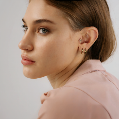 Round Stone Cross Flatback Ear Piercing 14K Gold with CZ Stone