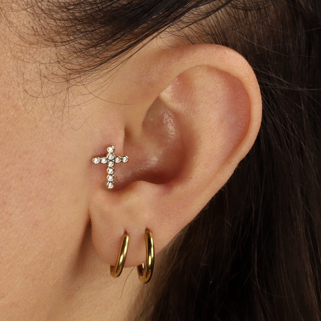 CZ Round Stone Cross Flatback Piercing in 14K Gold