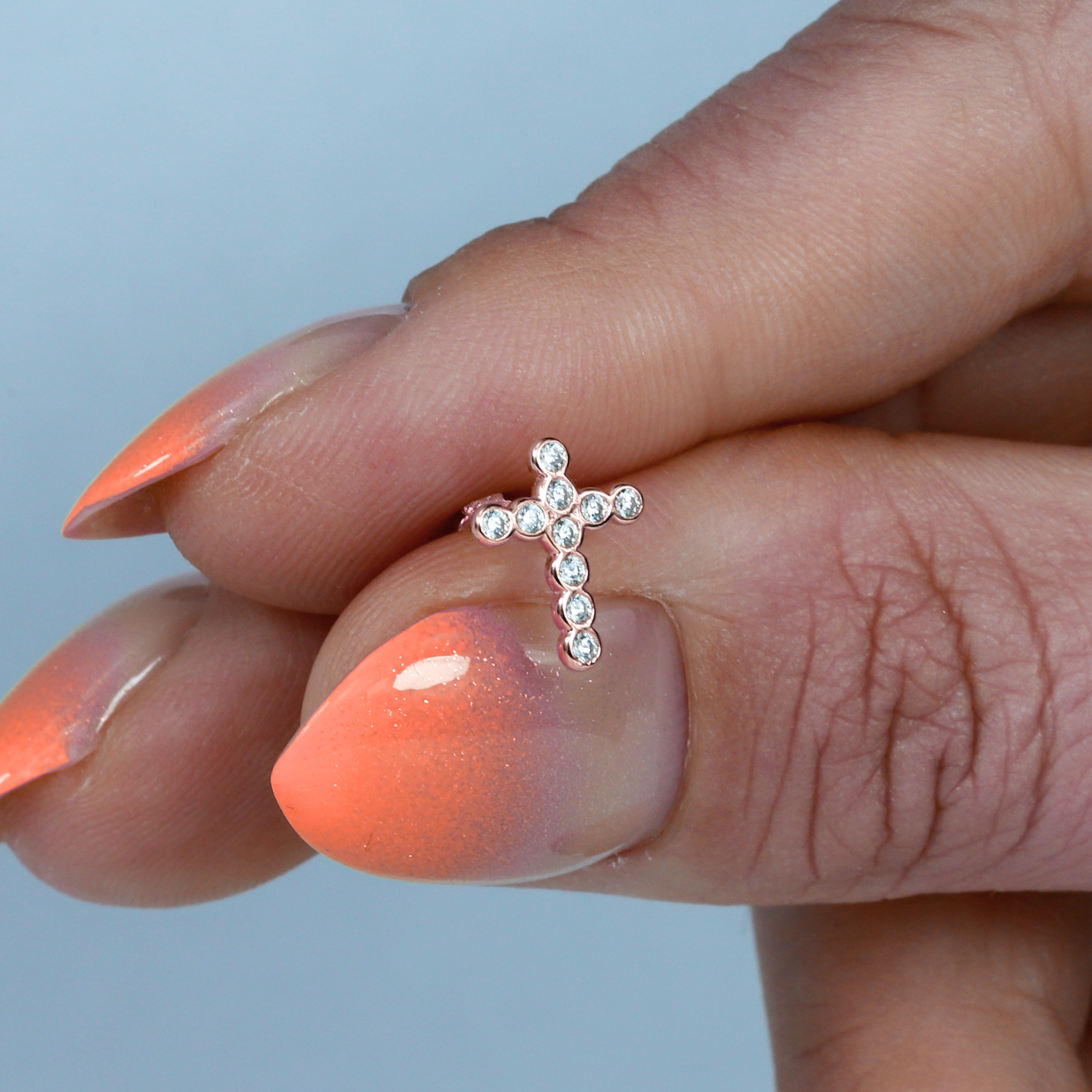 Round Stone Cross Flatback Ear Piercing 14K Gold with CZ Stone