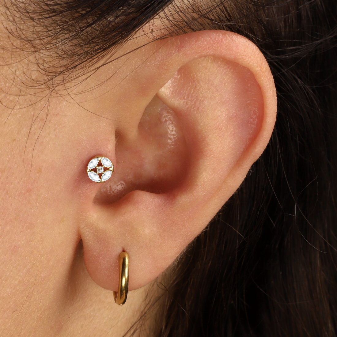 14K Gold Round Stone Flatback Ear Piercing with CZ Stone