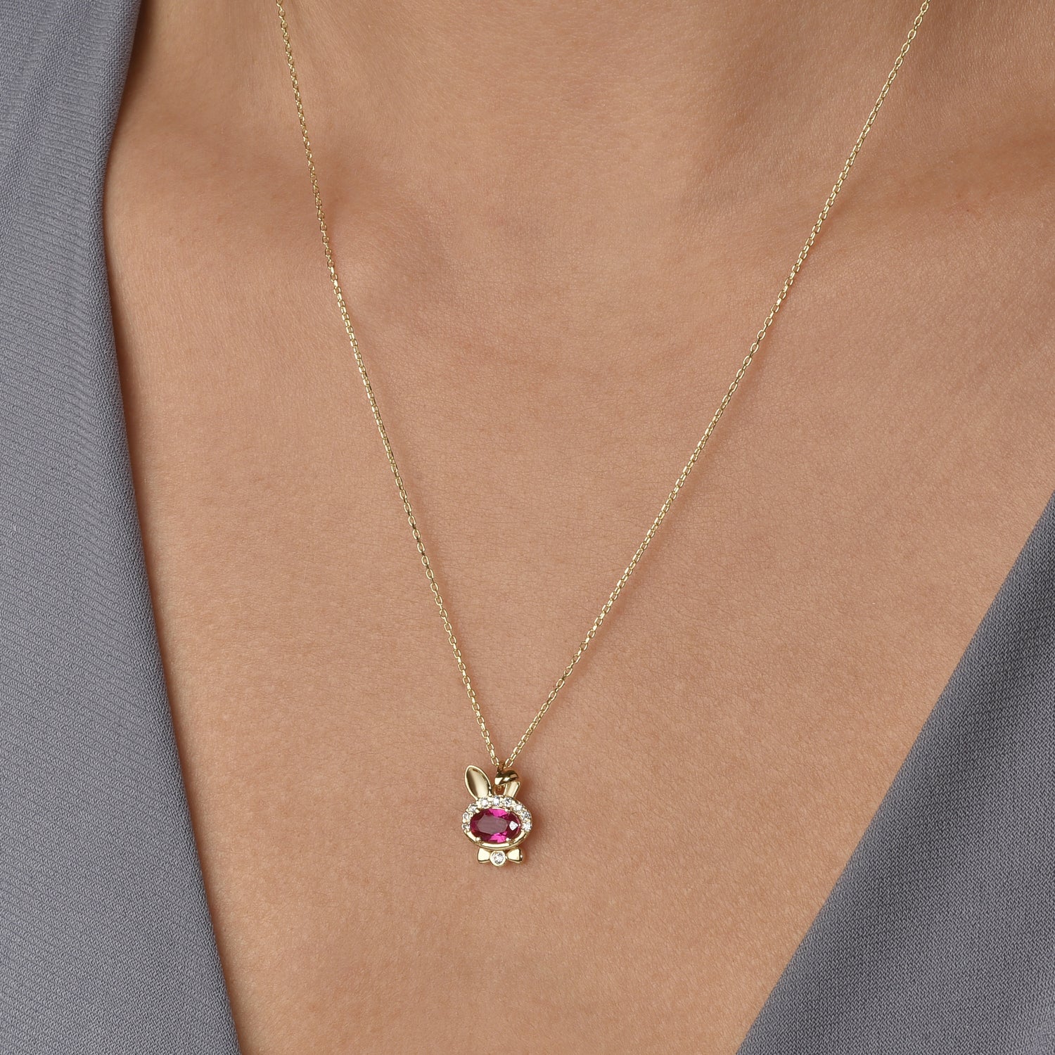 Rubby Bow Tie Rabbit Necklace 14K Gold / Silver bunny necklace with Rubby stone charm and minimalist design