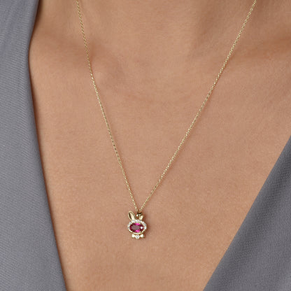 Rubby Bow Tie Rabbit Necklace 14K Gold / Silver bunny necklace with Rubby stone charm and minimalist design