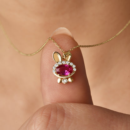 Close-up of Rubby Jewelry bunny necklace featuring bow tie rabbit design and Rubby minimalist style