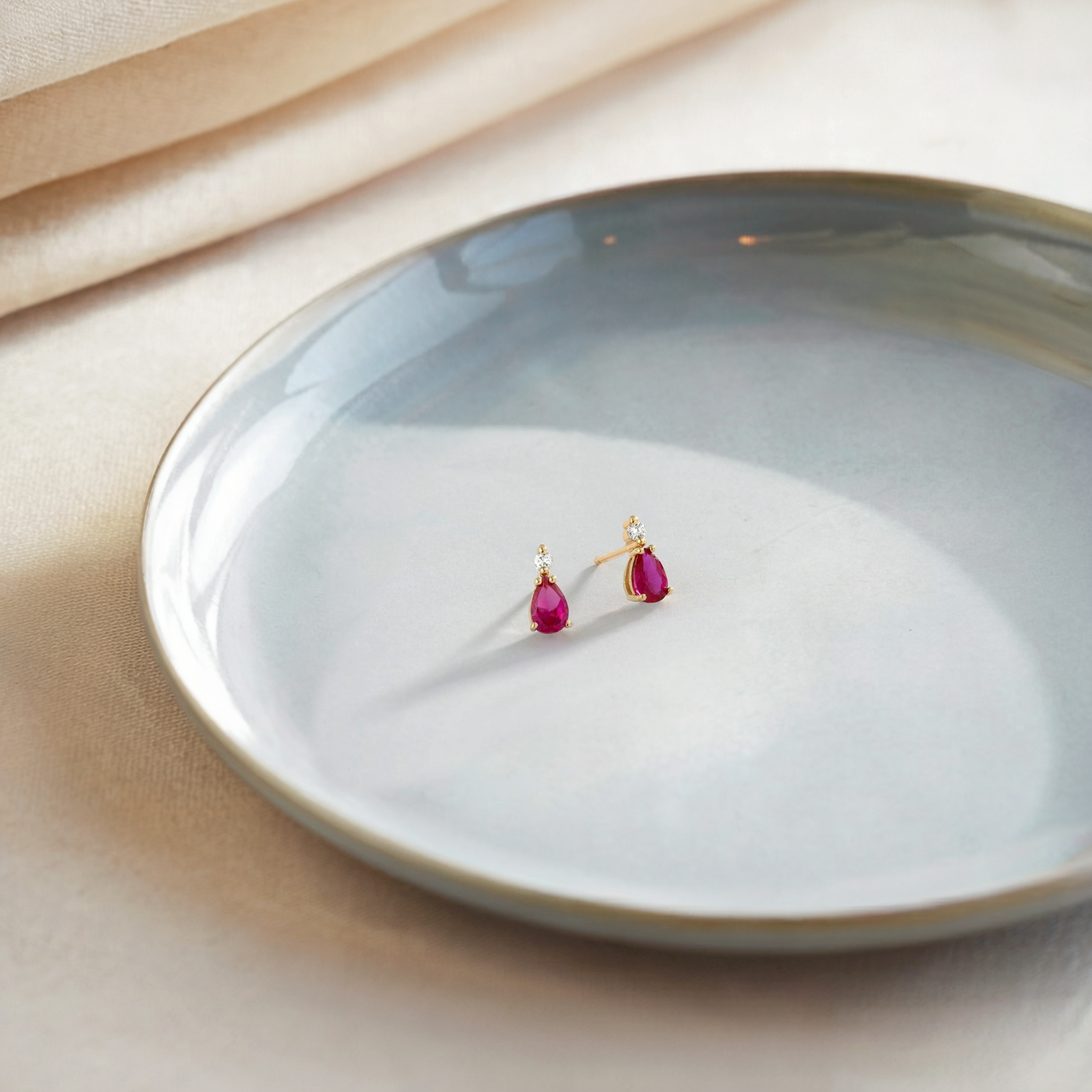 Ruby Drop Stone Diamond Earrings 14K Gold