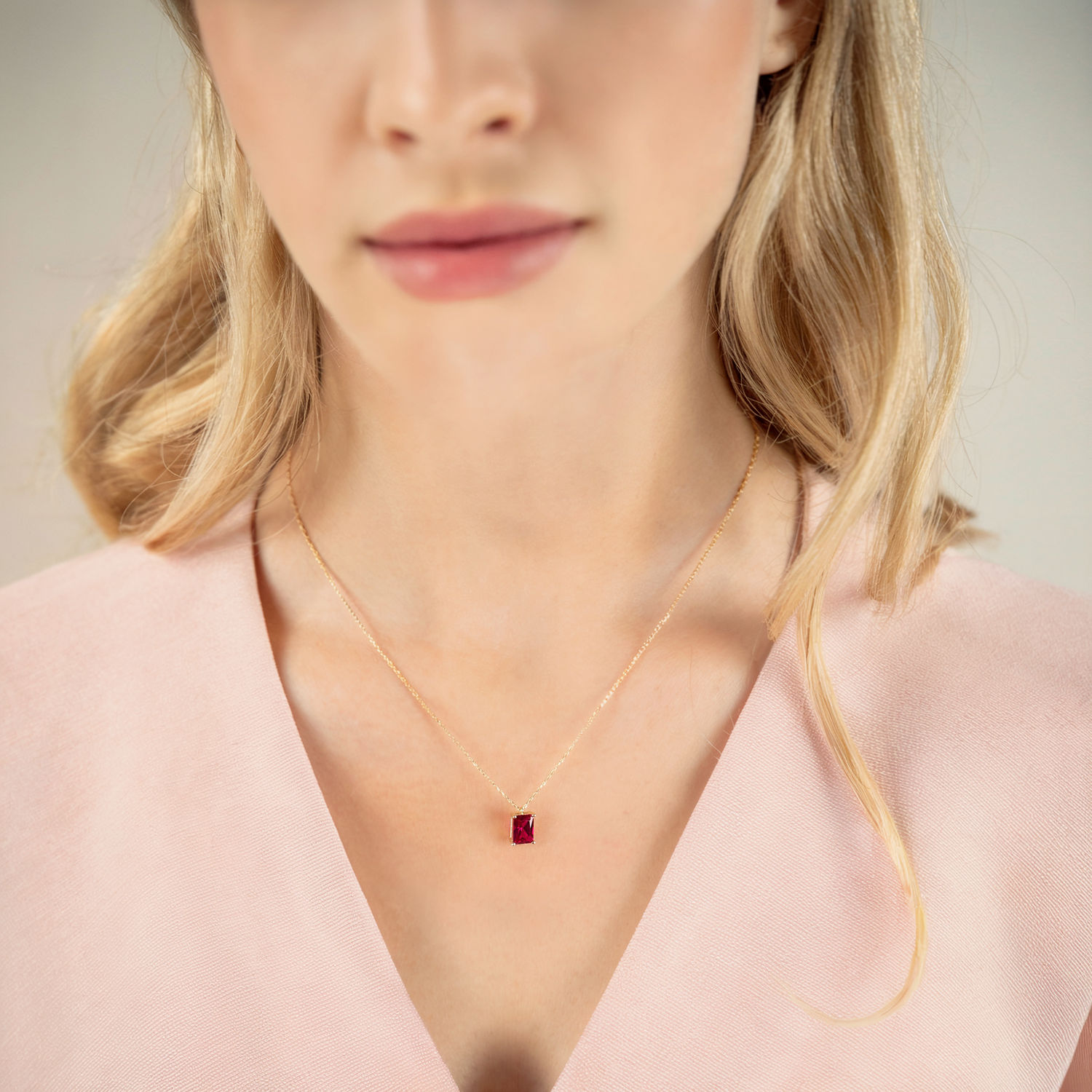 Ruby Rectangle Birthstone Gemstone Custom Necklace 14K Gold