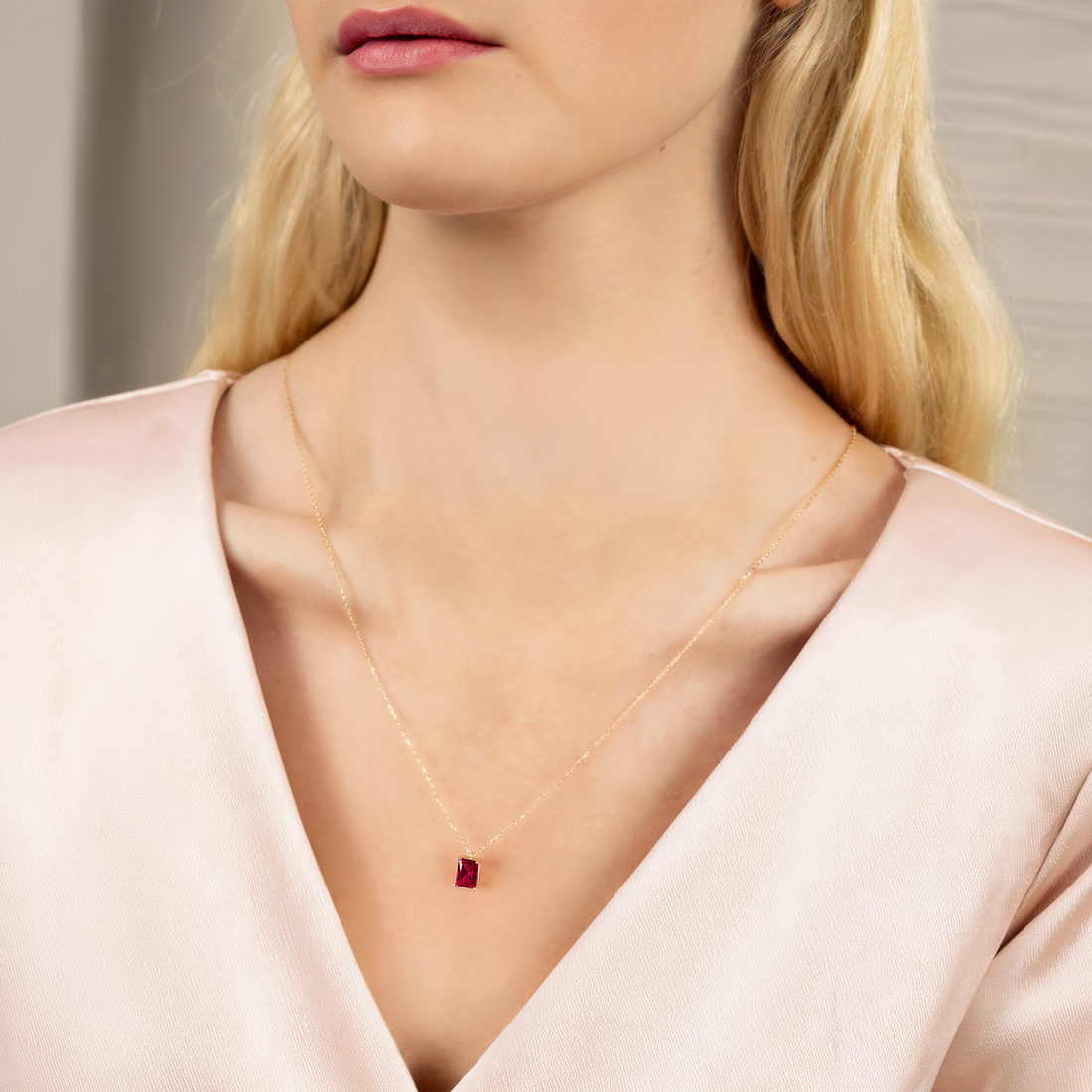 14K Gold Hand Crafted Ruby Rectangle Birthstone Gemstone Necklace