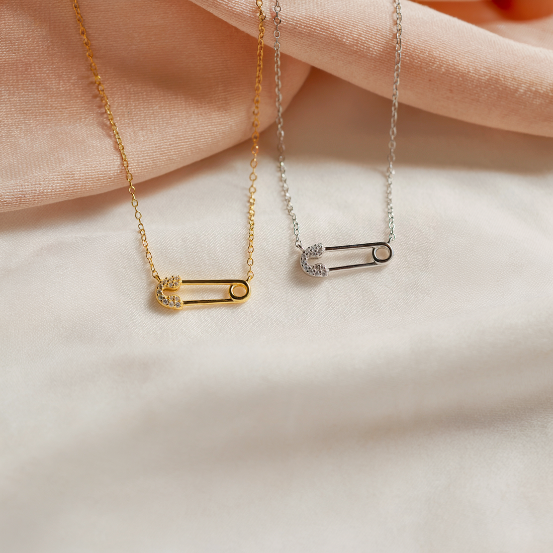 Safety Pin Diamond Necklace 14K Gold