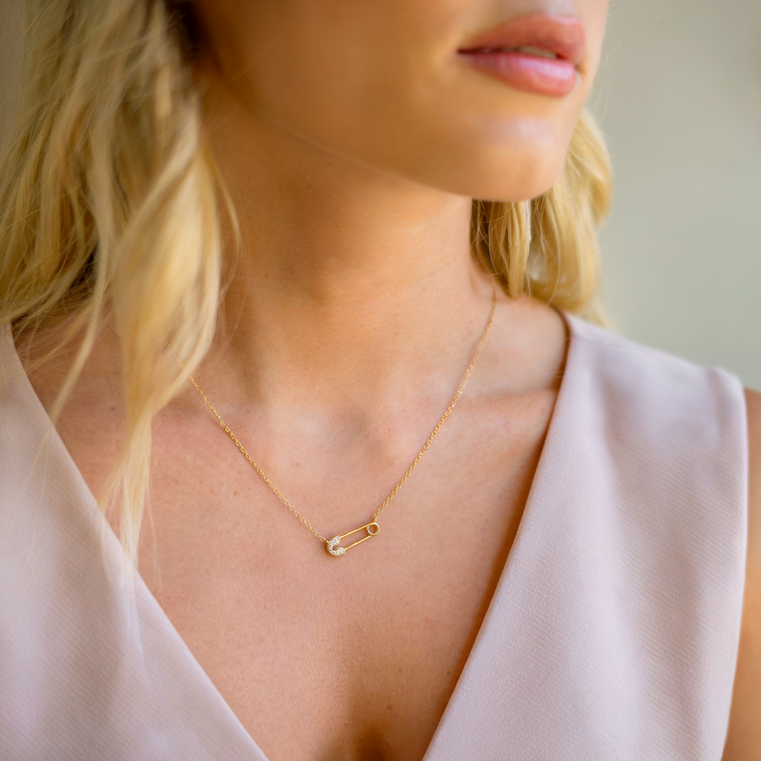 Safety Pin Diamond Necklace 14K Gold