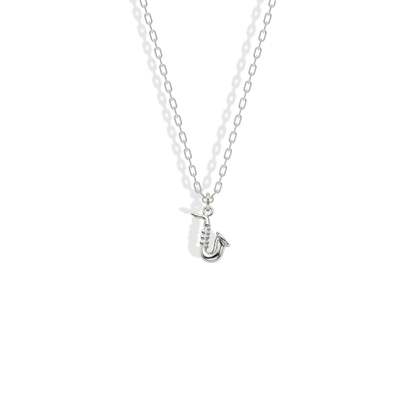 White gold instrument pendant, its cool shine sharpening the compact curved outline
