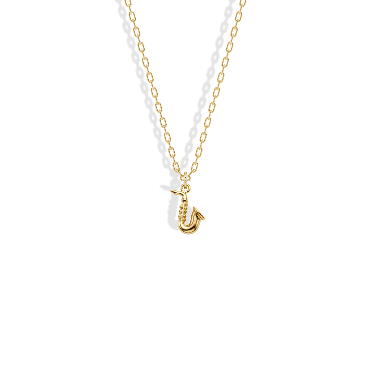 Jazz-inspired miniature with a curved bell, mouthpiece and tiny keys, shown in yellow gold: Saxophone Pendant Necklace 14K Gold
