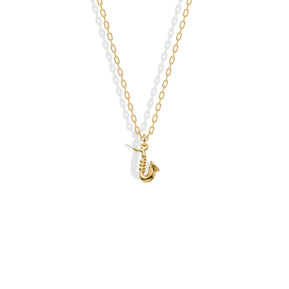 Jazz-inspired miniature with a curved bell, mouthpiece and tiny keys, shown in yellow gold: Saxophone Pendant Necklace 14K Gold