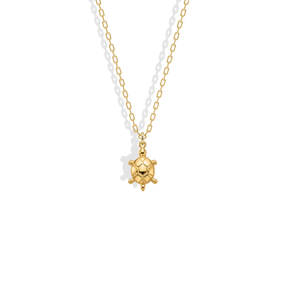 Sea Turtle Pendant Necklace 14K Gold: a segmented shell and four flippers cast in yellow gold