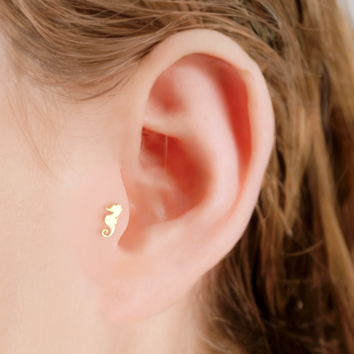 14K Gold Seahorse Flatback Ear Piercing