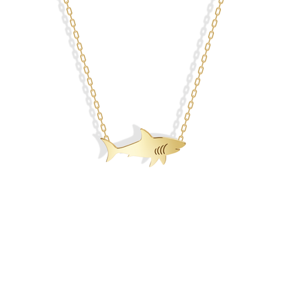 Shark Pendant Necklace in 14K yellow gold, streamlined from pointed nose to forked tail