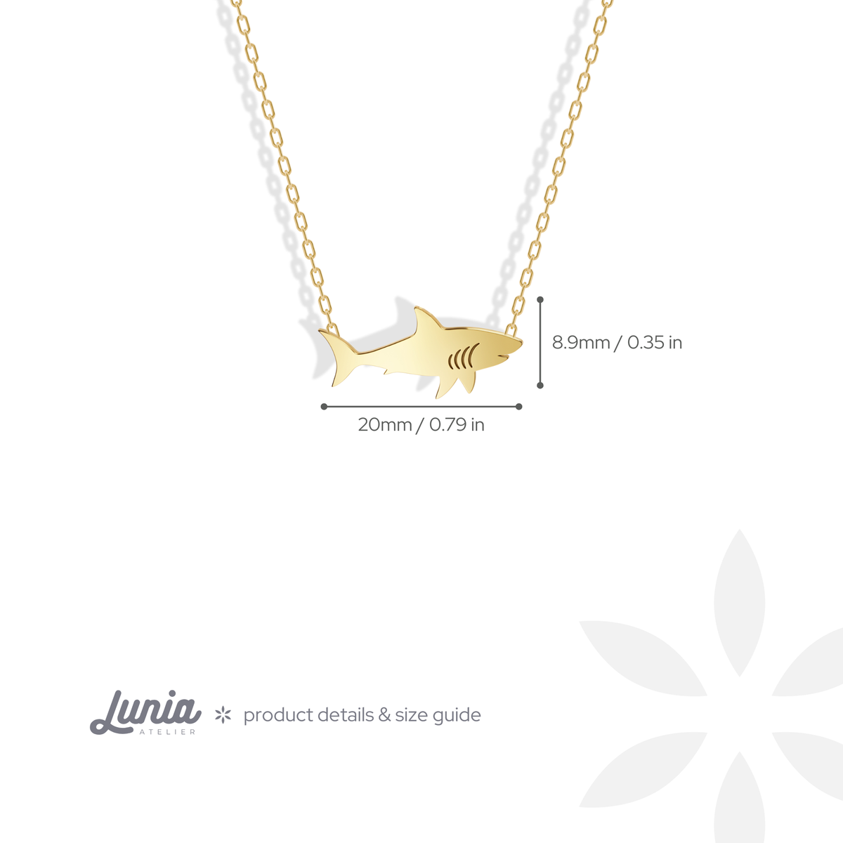 Shark charm runs 20 mm nose to tail and reaches 8.9 mm at the dorsal fin