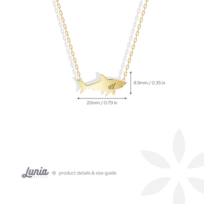 Shark charm runs 20 mm nose to tail and reaches 8.9 mm at the dorsal fin