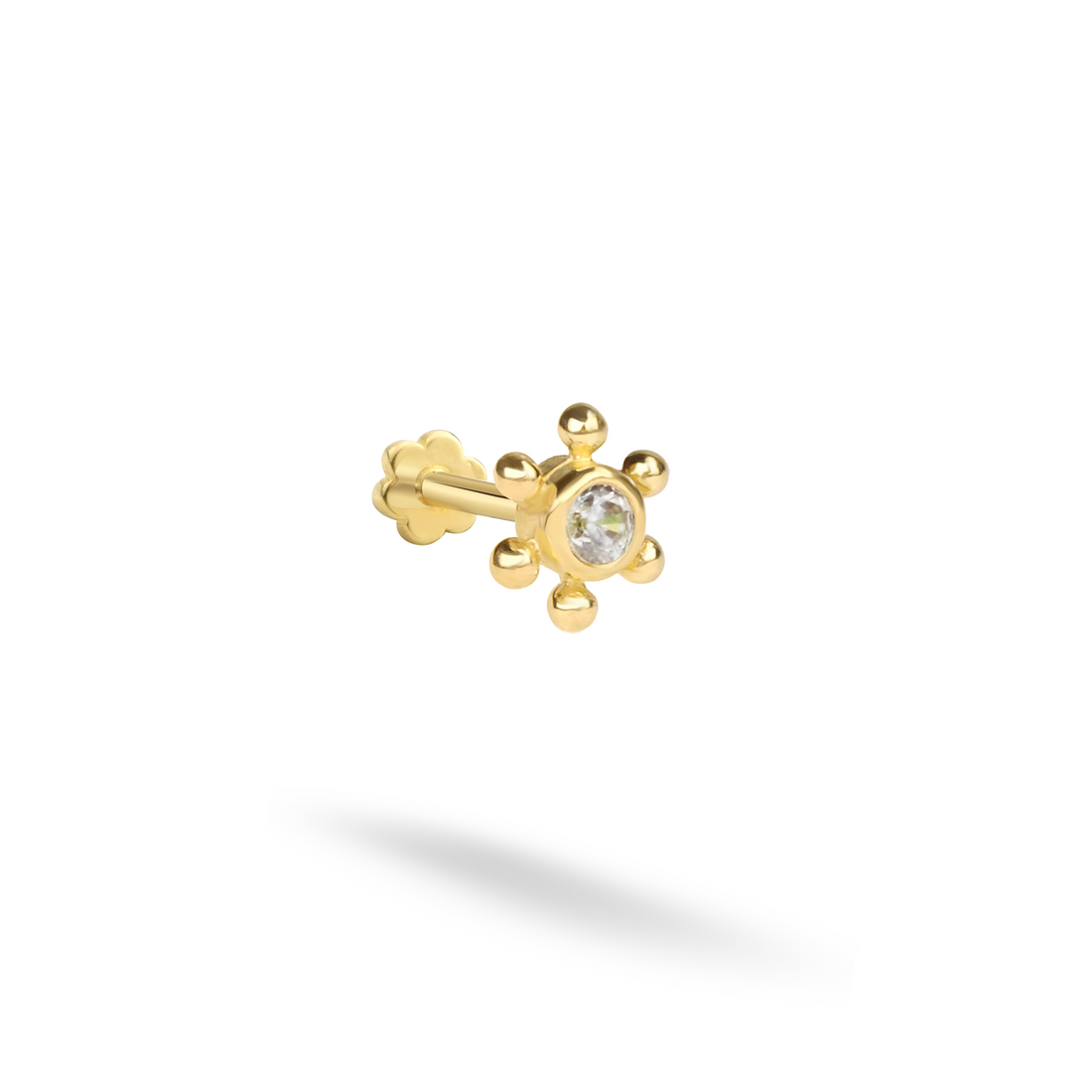 Ship Wheel Flatback Ear Piercing 14K Gold with CZ Stone