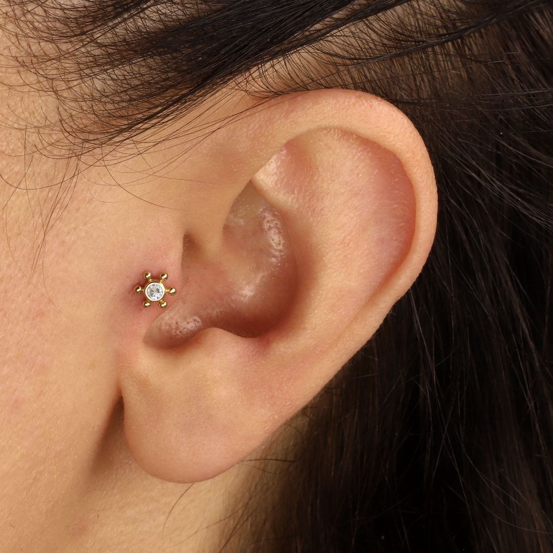 14K Gold Ship Wheel Flat Back Piercing with CZ Gemstone