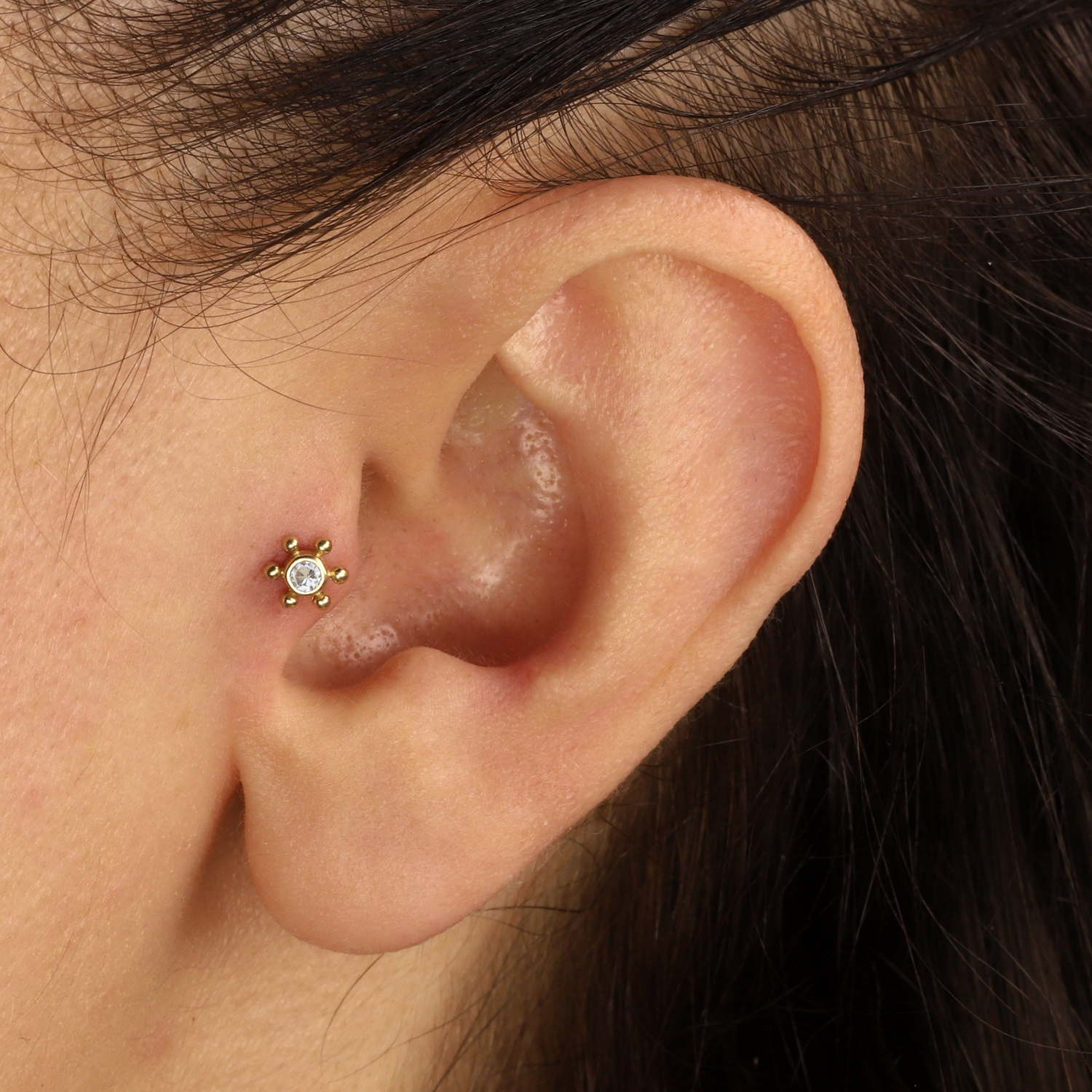 14K Gold Ship Wheel Flat Back Piercing with CZ Gemstone