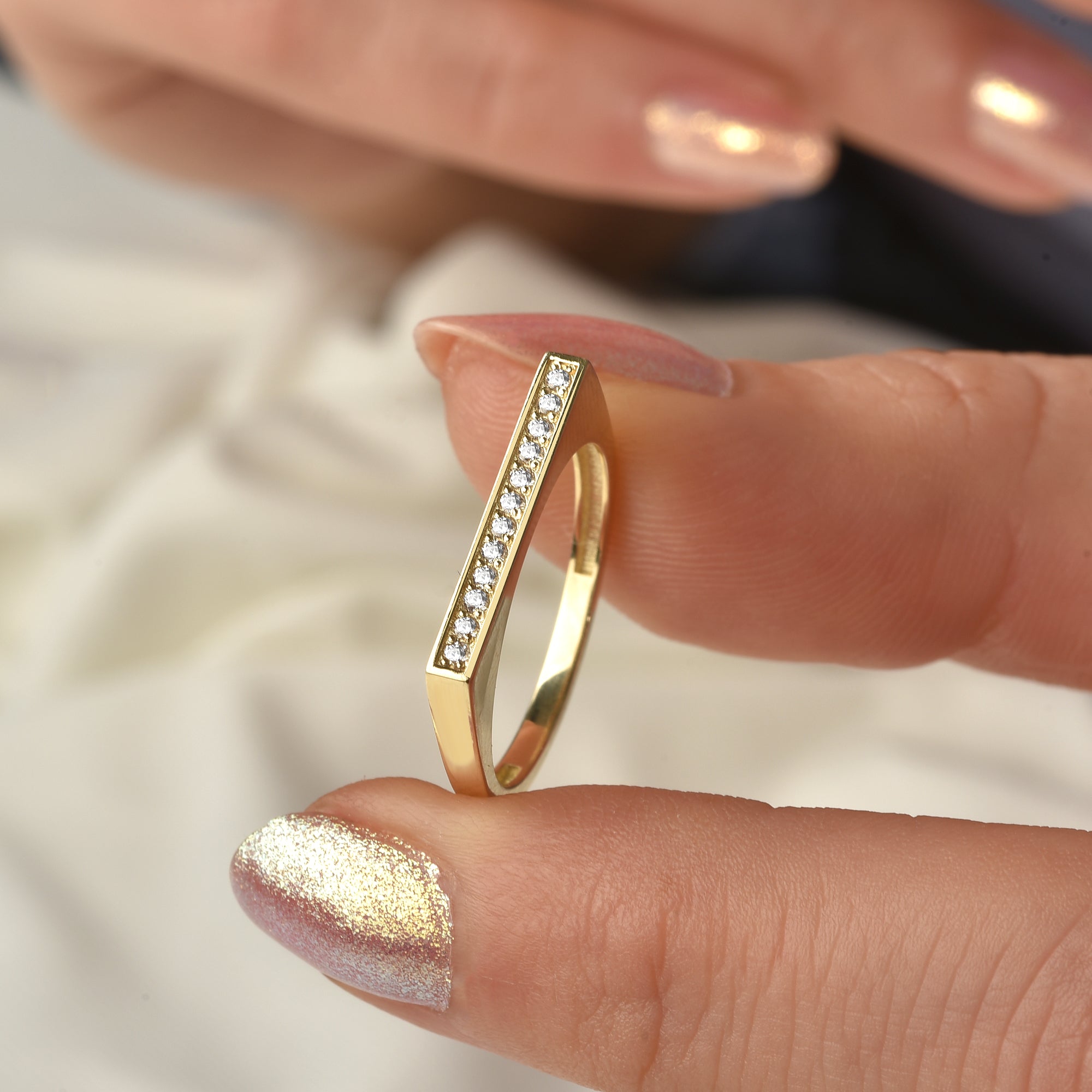 Slim Crystal Diamond 14K Gold Ring / Silver