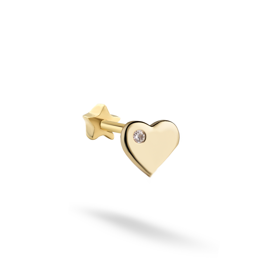 Solitaire Heart Love Flatback Ear Piercing 14K Gold with CZ Stone