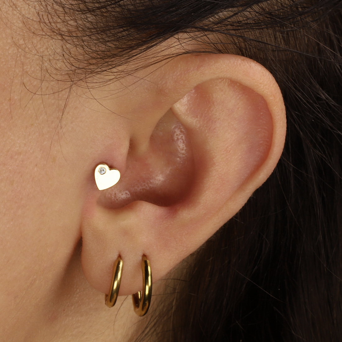 14K Gold Solitaire Heart Love Flatback Ear Piercing with CZ Stone
