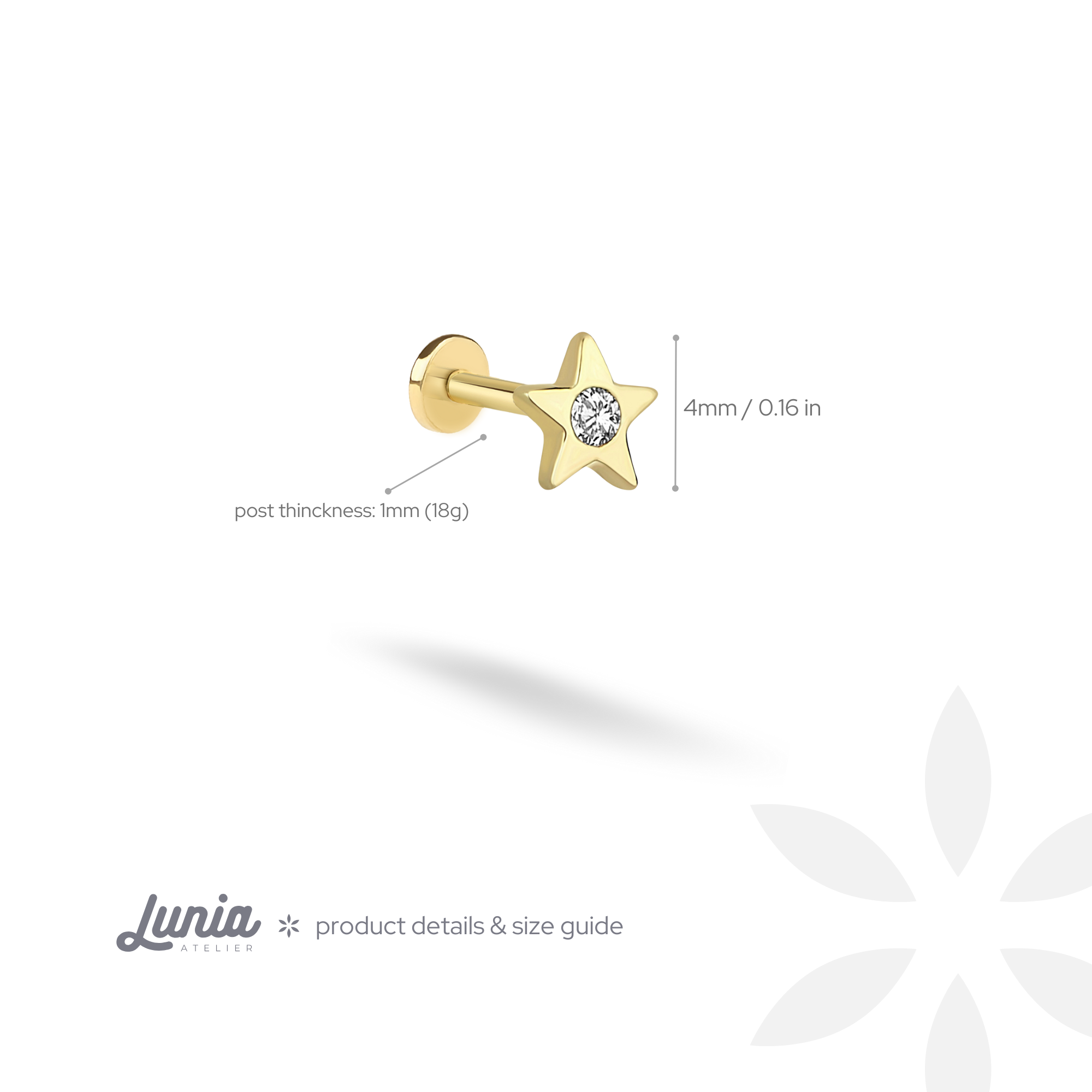 Solitaire Star Flatback Ear Piercing Diamond 14K Gold with CZ Stone