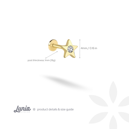 Solitaire Star Flatback Ear Piercing Diamond 14K Gold with CZ Stone
