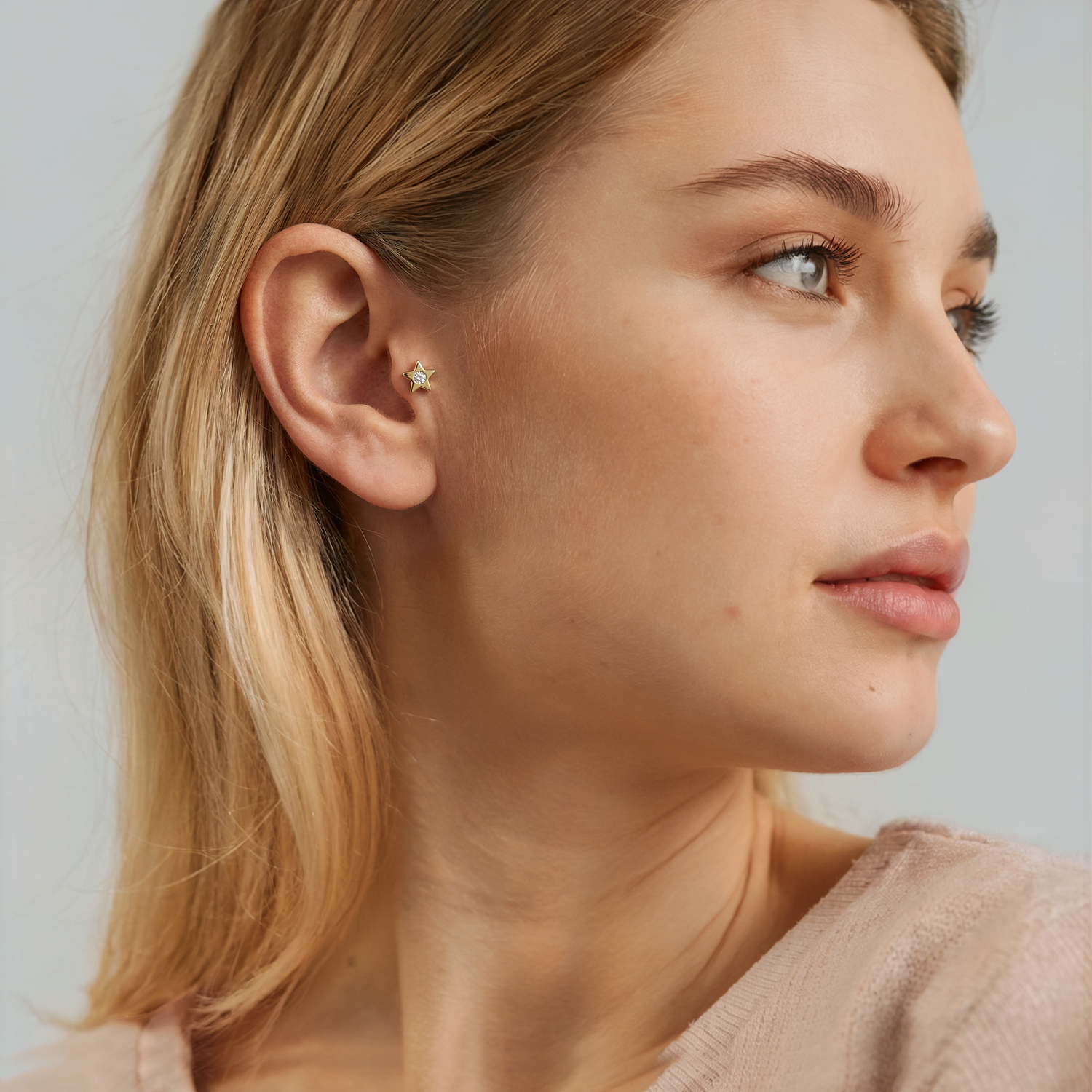 Solitaire Star Flatback Ear Piercing Diamond 14K Gold with CZ Stone