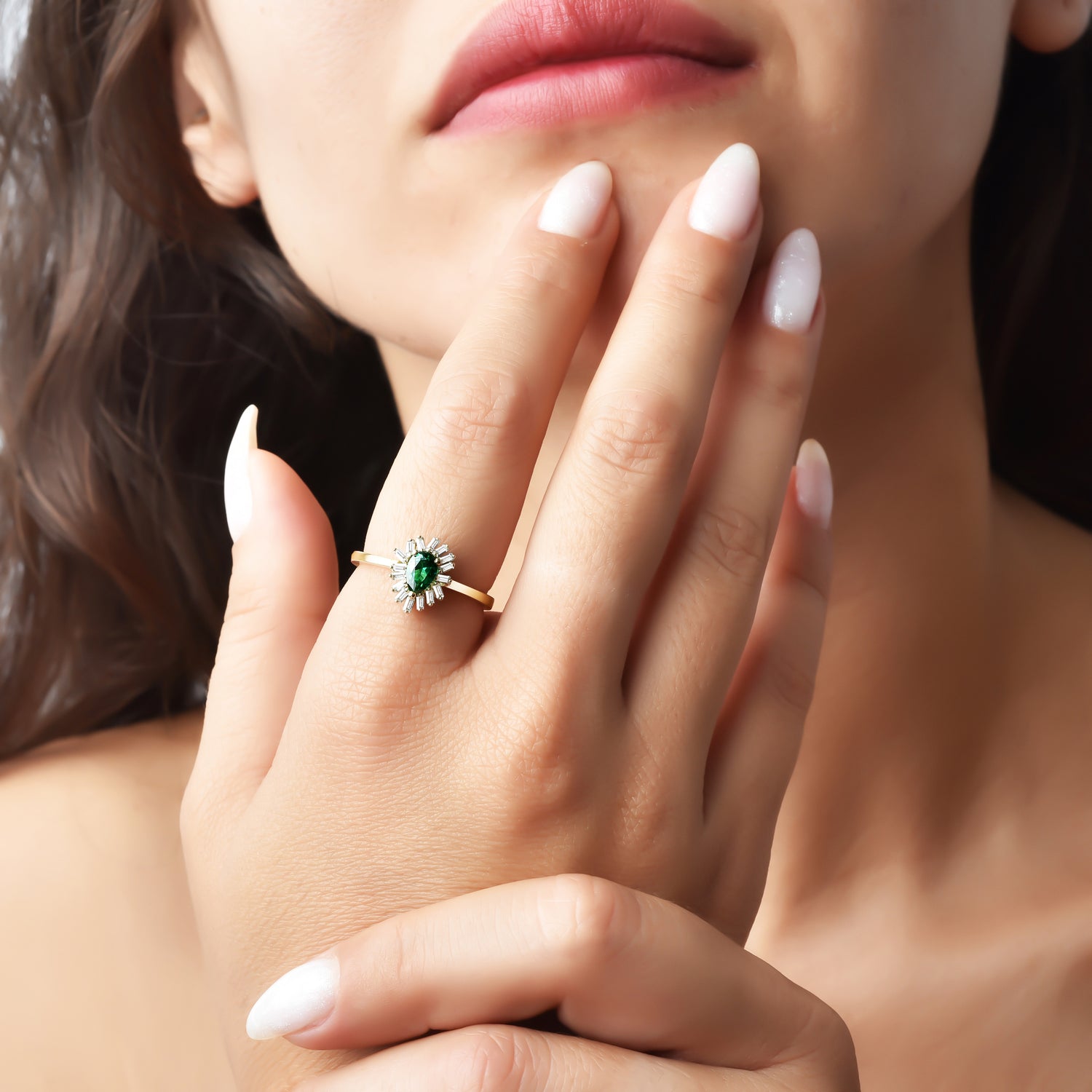 Radiant Green Drop Diamond Ring 14K Gold