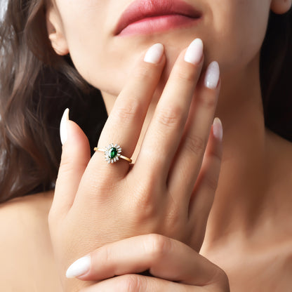 Radiant Green Drop Diamond Ring 14K Gold