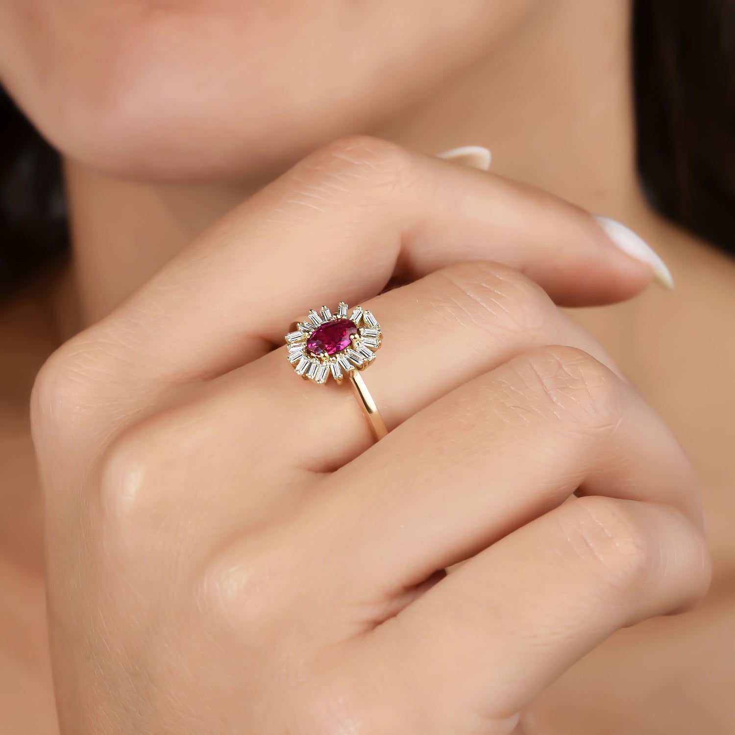 Sparkling Pink Drop Diamond Ring 14K Gold