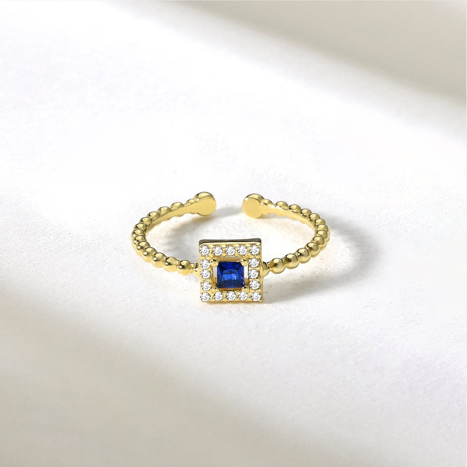 Square Blue Diamond Open Ring 14K Gold