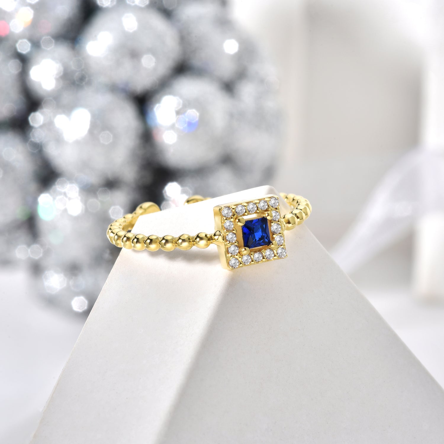 Square Blue Diamond Open Ring 14K Gold