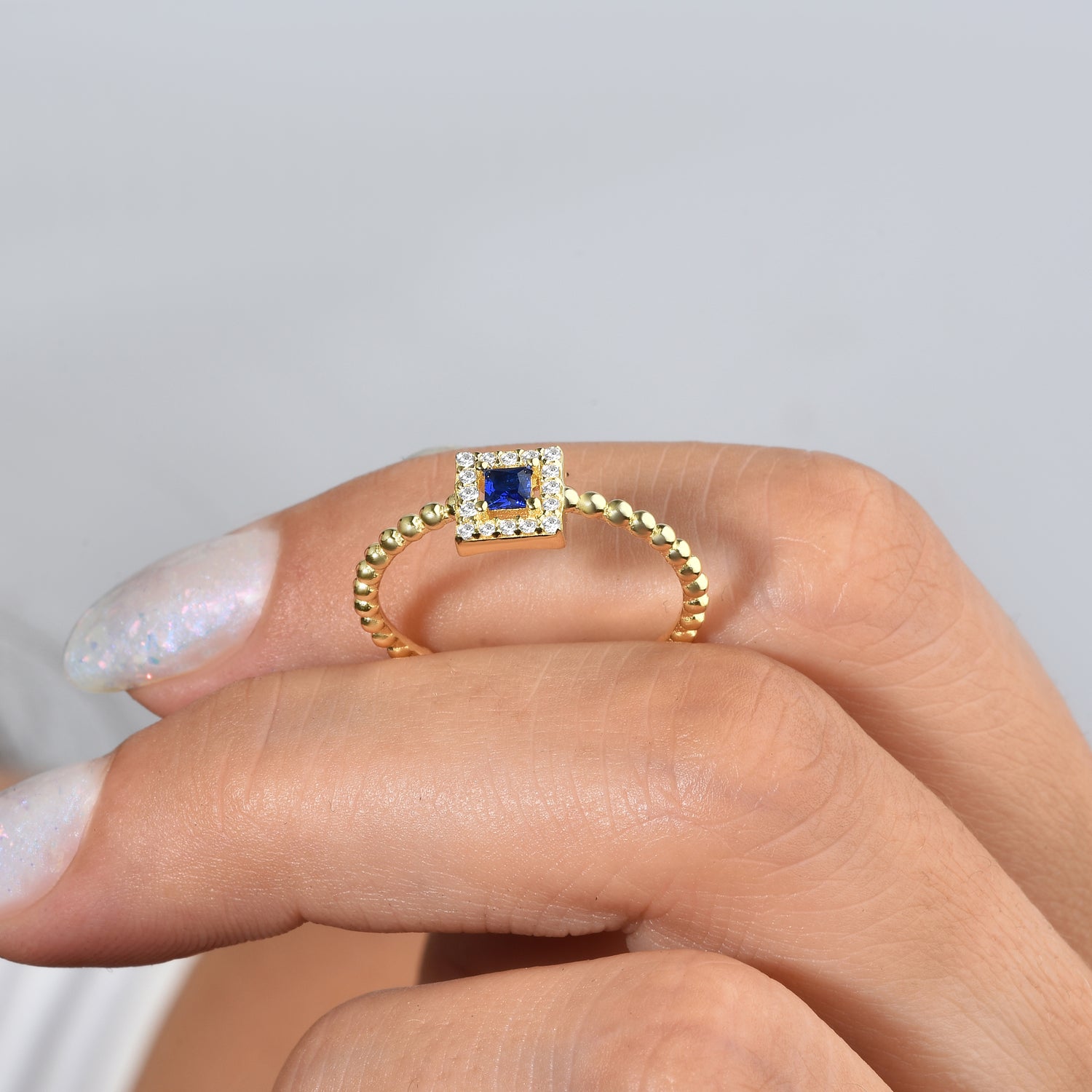 Square Blue Diamond Open Ring 14K Gold