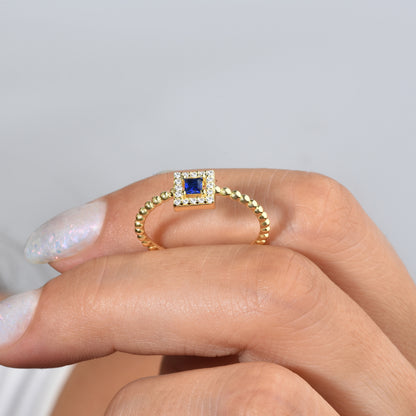 Square Blue Diamond Open Ring 14K Gold