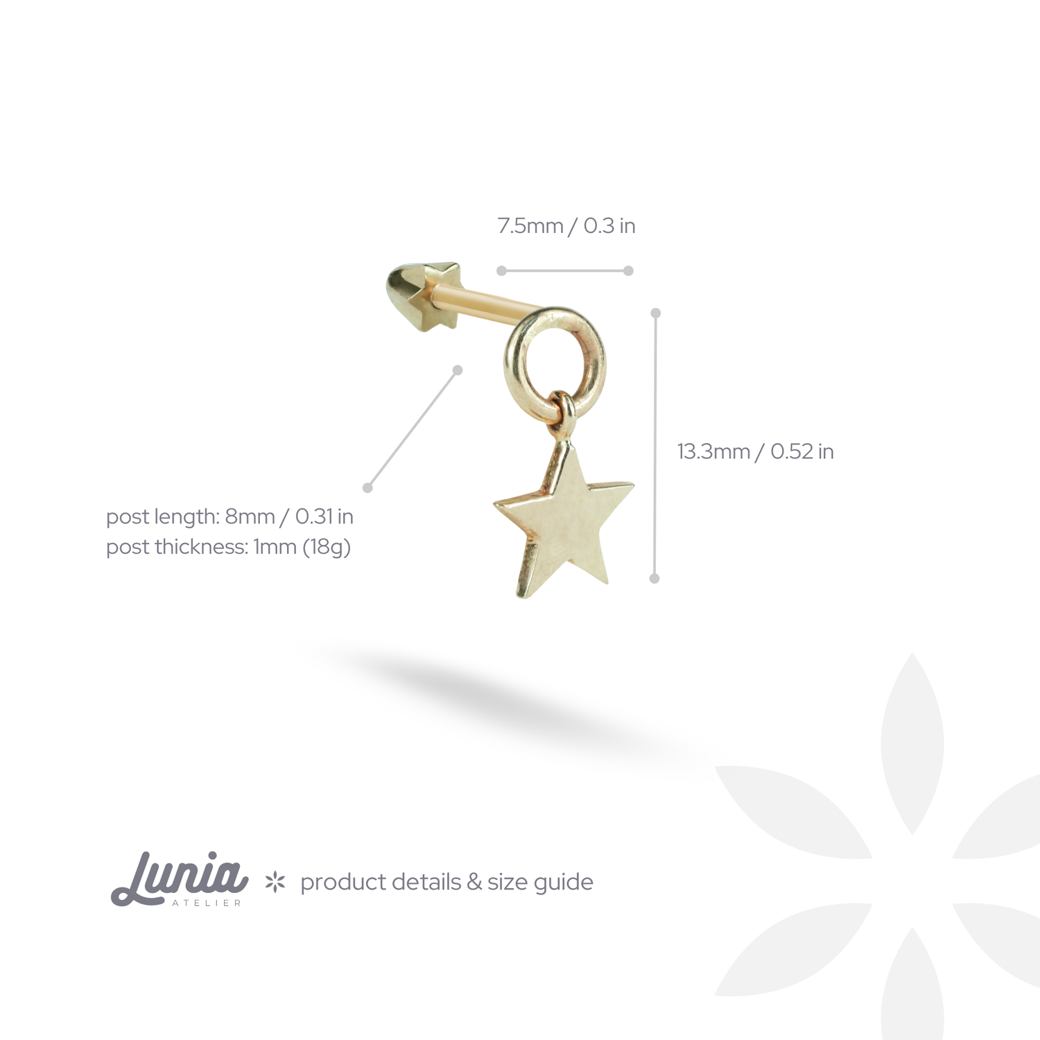 Star Dangle Flatback Ear Piercing 14K Gold