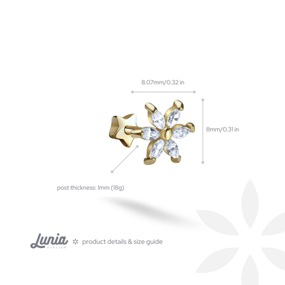 Star Flower Straight Ear Piercing 14K Gold CZ Stone