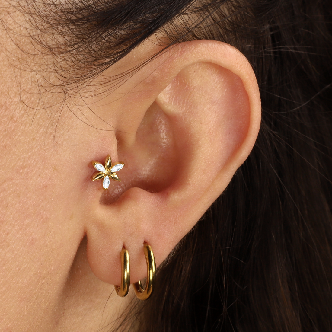 14K Gold Starflower Flatback Ear Piercing with CZ Stone